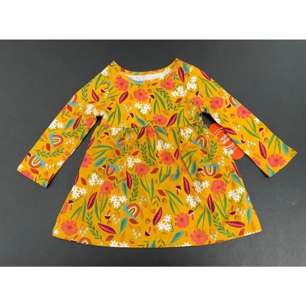 NWT Wonder Nation Long Sleeve Cotton Dress Fall Woodland Size 12M Girl Yellow D1